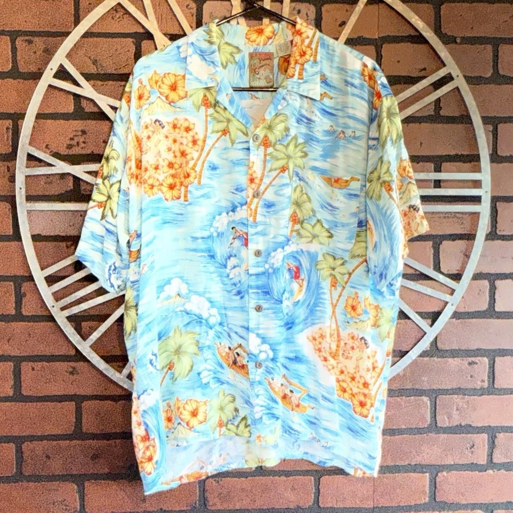90s/Y2K Pineapple Connection Palm‎ Tree Hawaiian Aloha Shirt Blue Size M Vintage